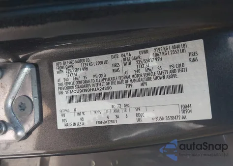 2017 Ford Escape Se z USA, uszkodzony, nr VIN 1FMCU9G99HUA24890